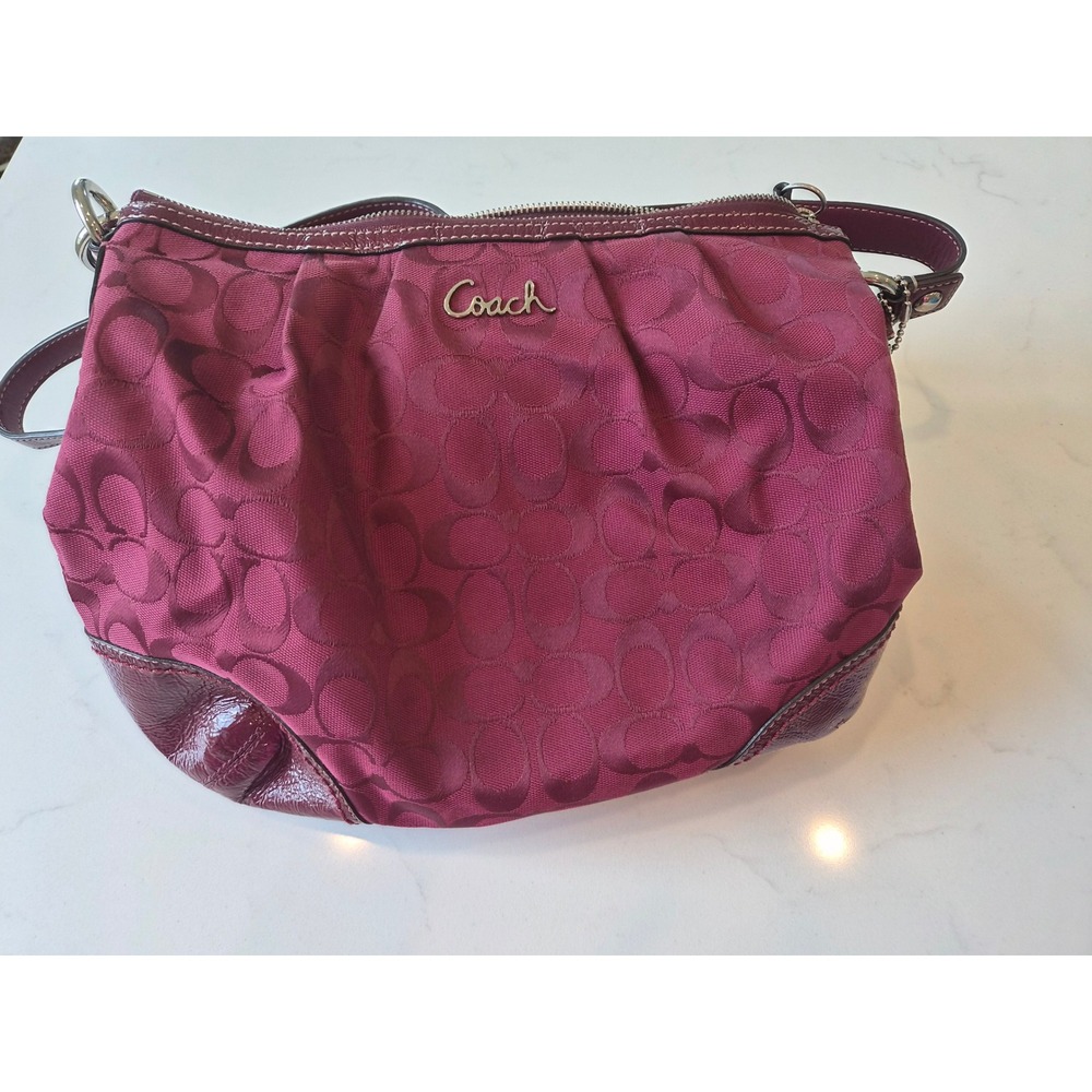 Coach Signature C Magenta Jacquard Patent Leather Hobo Bag F17400